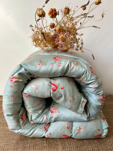 Load image into Gallery viewer, Vintage Duck Egg Blue Eiderdown With Beautiful Pink Florals
