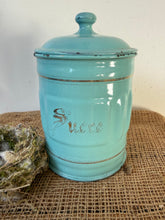 Load image into Gallery viewer, French Vintage Turquoise Sucre Enamel Canister
