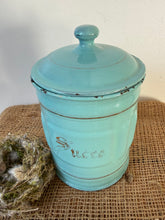 Load image into Gallery viewer, French Vintage Turquoise Sucre Enamel Canister
