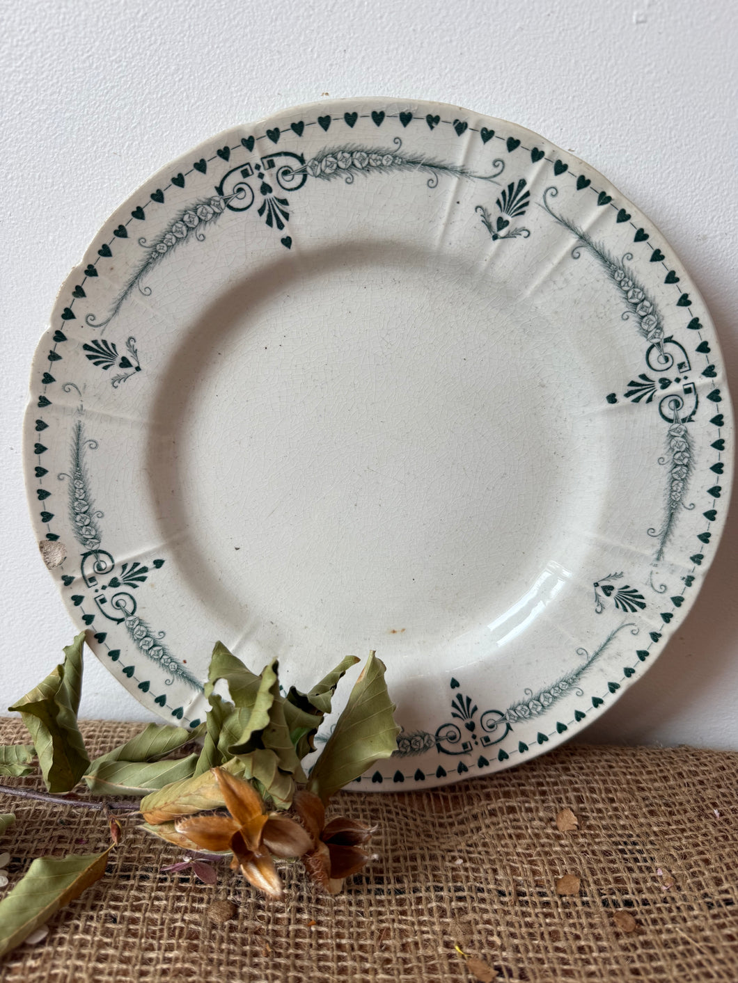 French Heart Green Transferware Plate