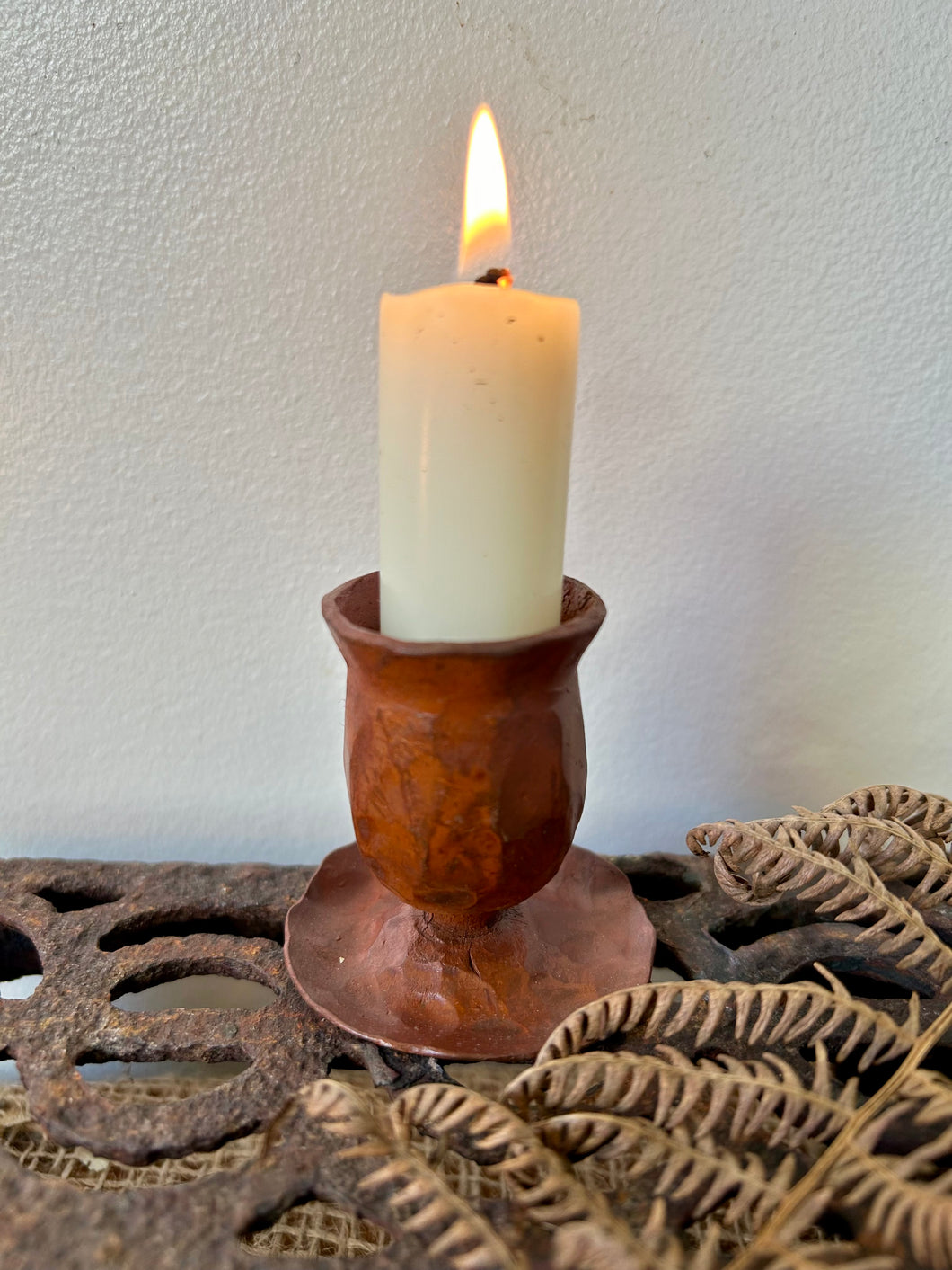 Hand Crafted Bronzy Metal Candle Holder