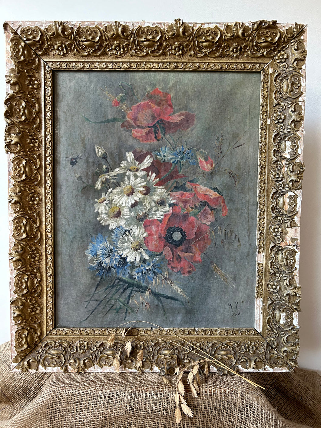 Vintage French Wildflower Oil on Canvas