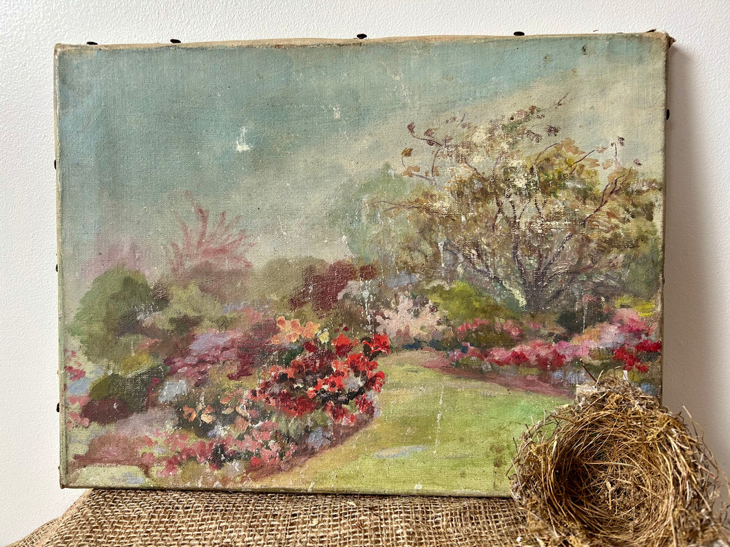 Vintage Aged Country Garden Oil on Canvas