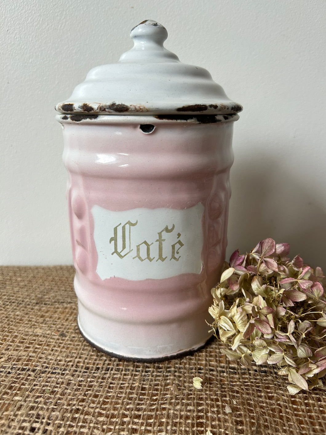 French Vintage Cafe Pink and White Enamel Canister