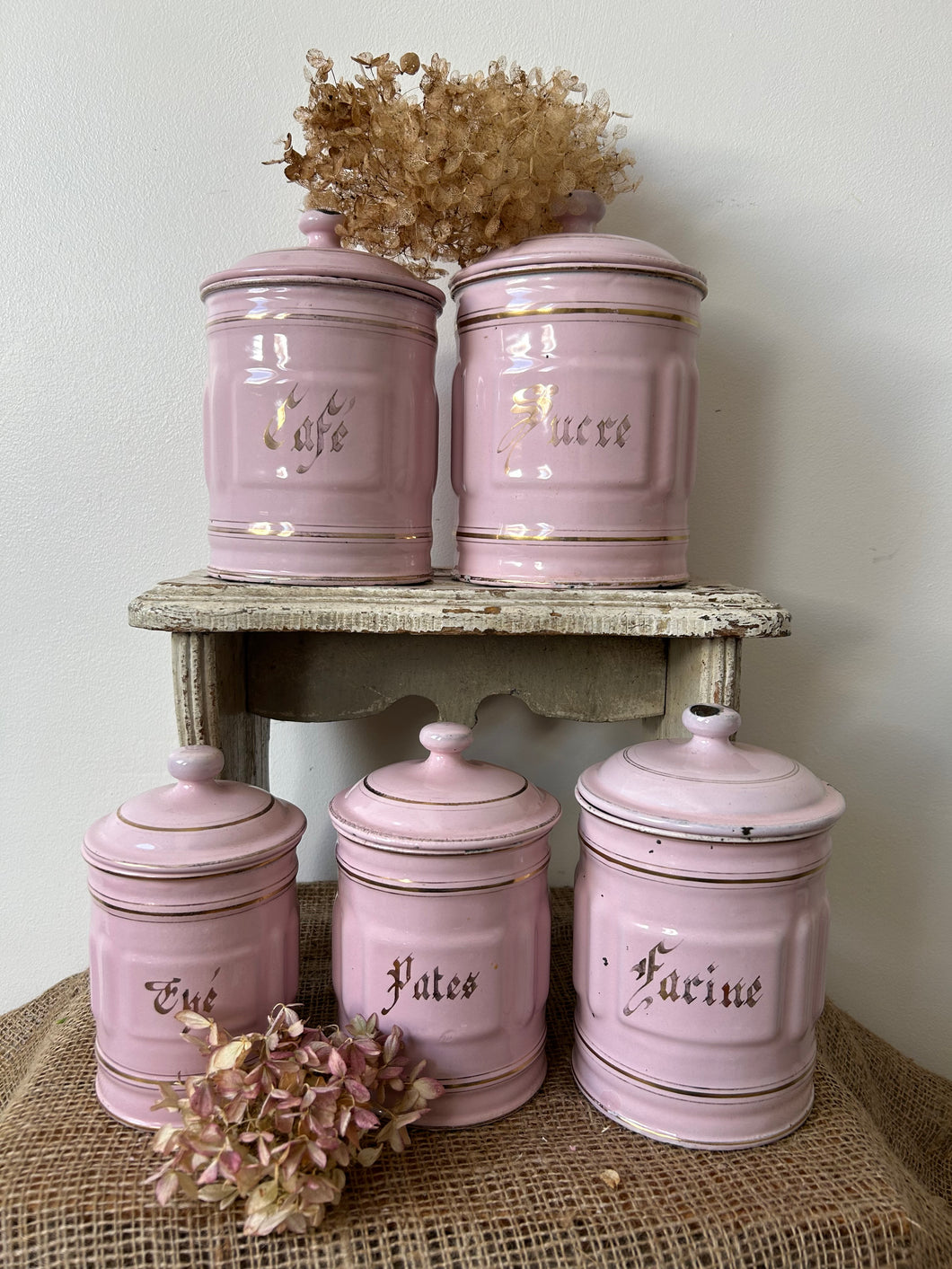 Set of 5 French Pink Enamel Canisters