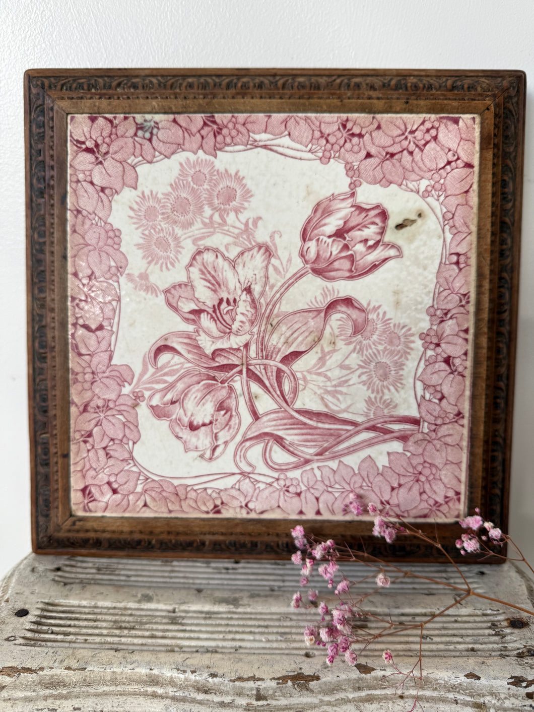 French Pink Tiled Trivet on Carved Wood