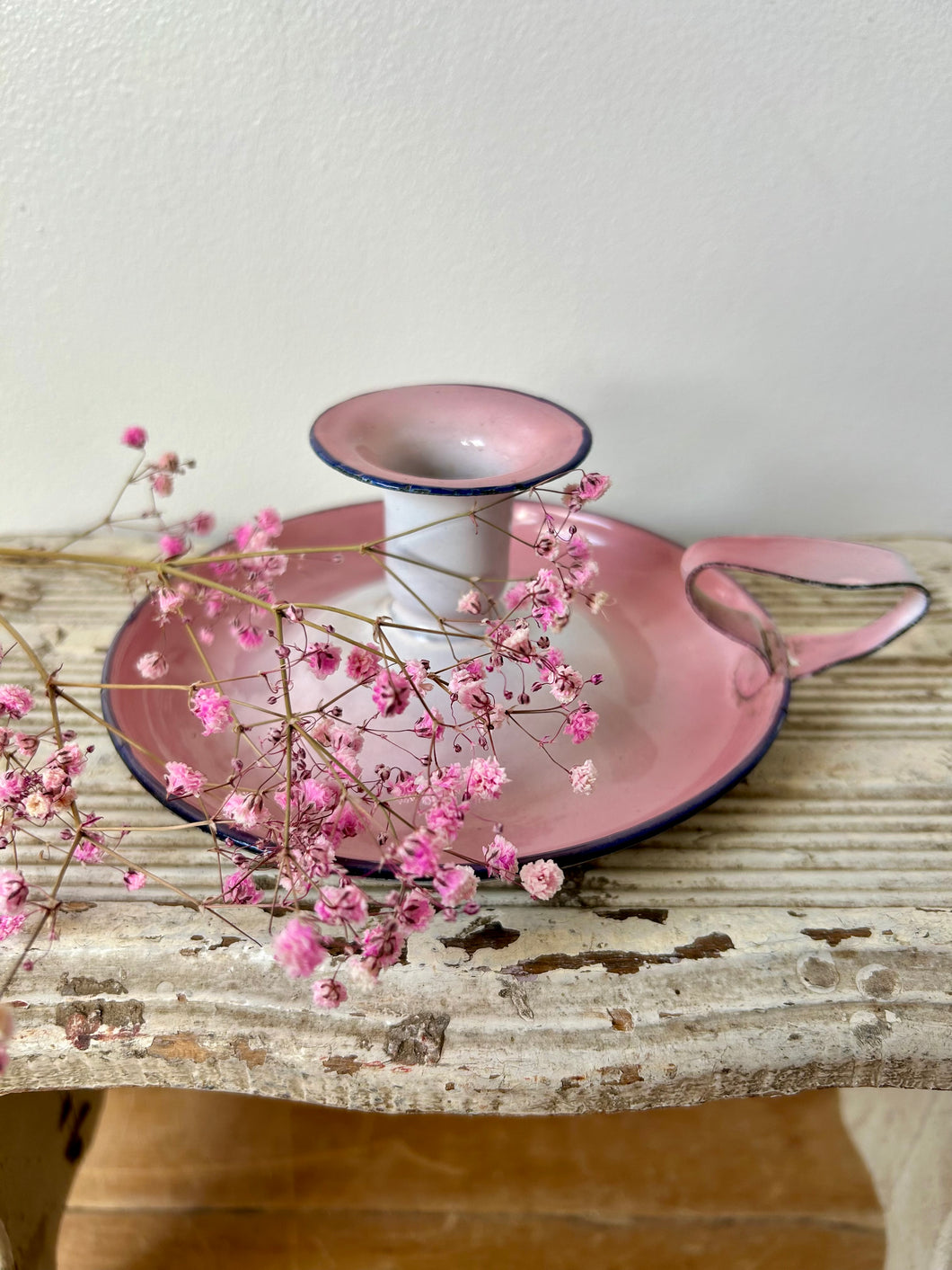 French Pink Enamel Candlestick Holder