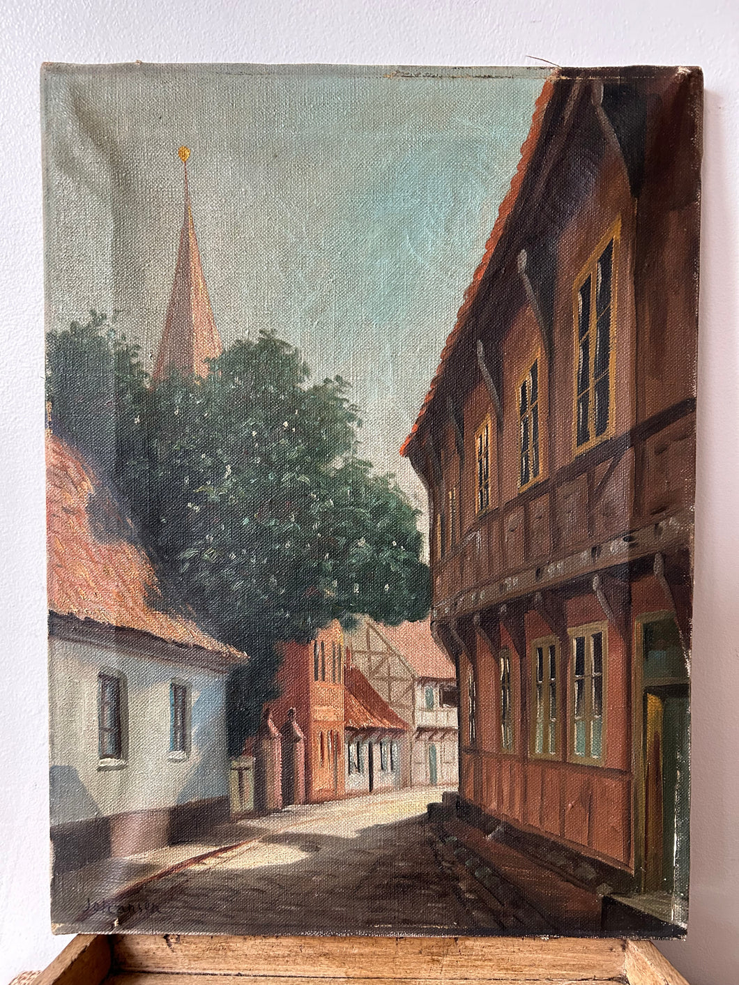 Vintage Town Scene Oil on Canvas