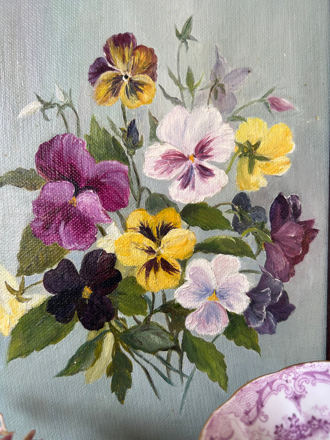 Beautiful Vintage Pansy Oil on Board