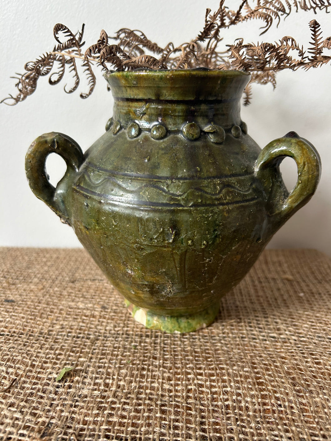 Unusual French Green Triple Handled Pot