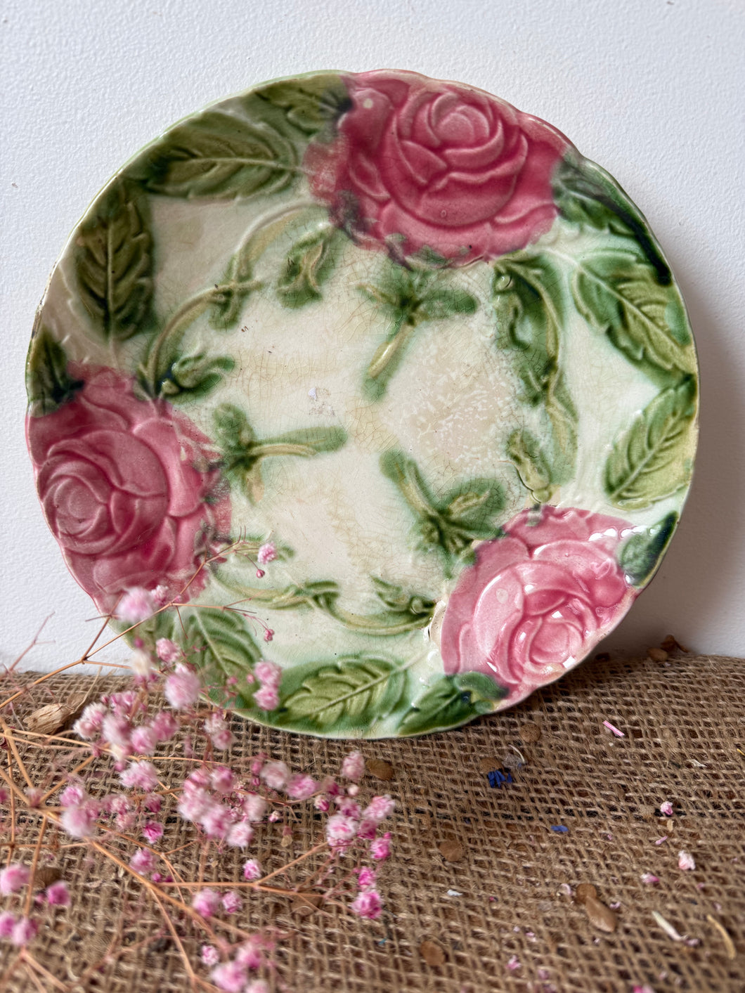 French Vintage Majolica Roses Plate