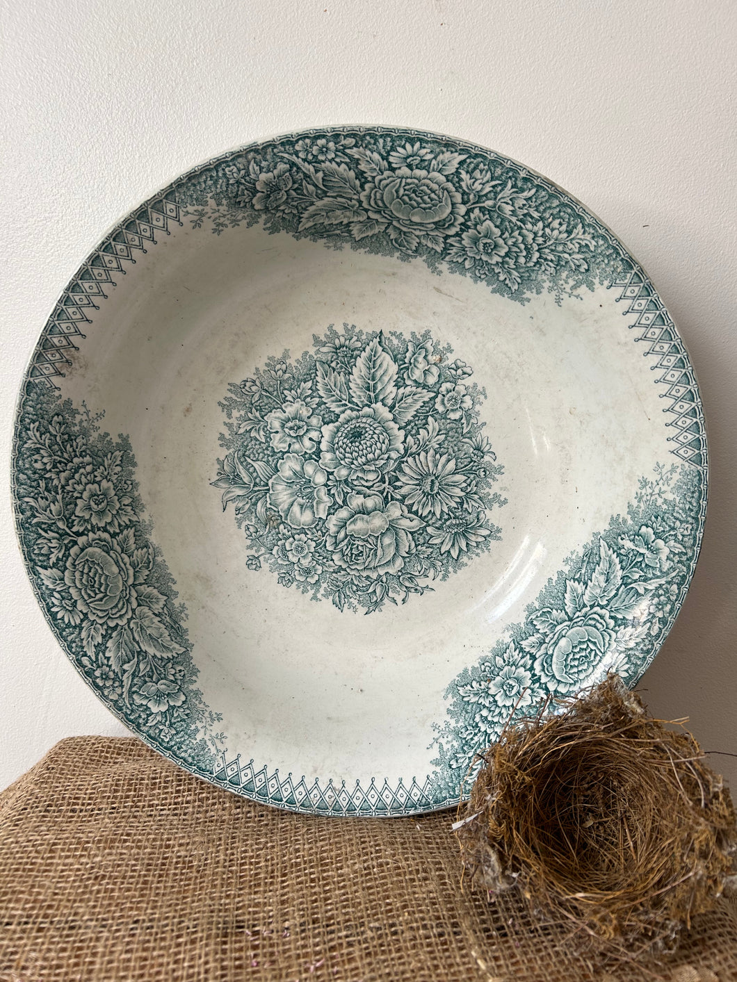 French Greeny Blue  Transferware Large Wash Bowl