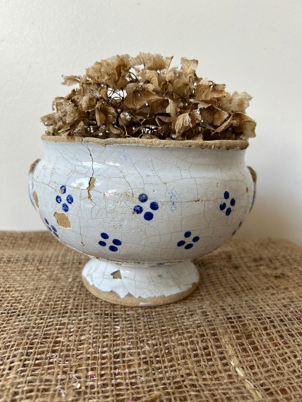 Chippy Blue and White Stoneware Pot