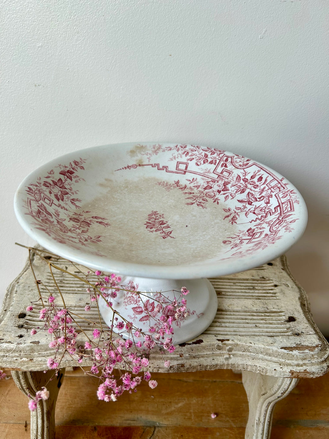 Taller French Pink Transferware Compote