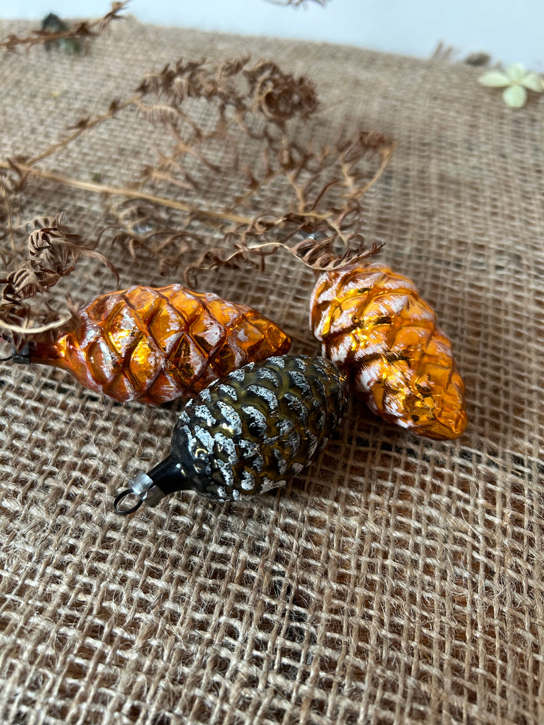 Set of 3 Vintage Glass Pinecone Baubles