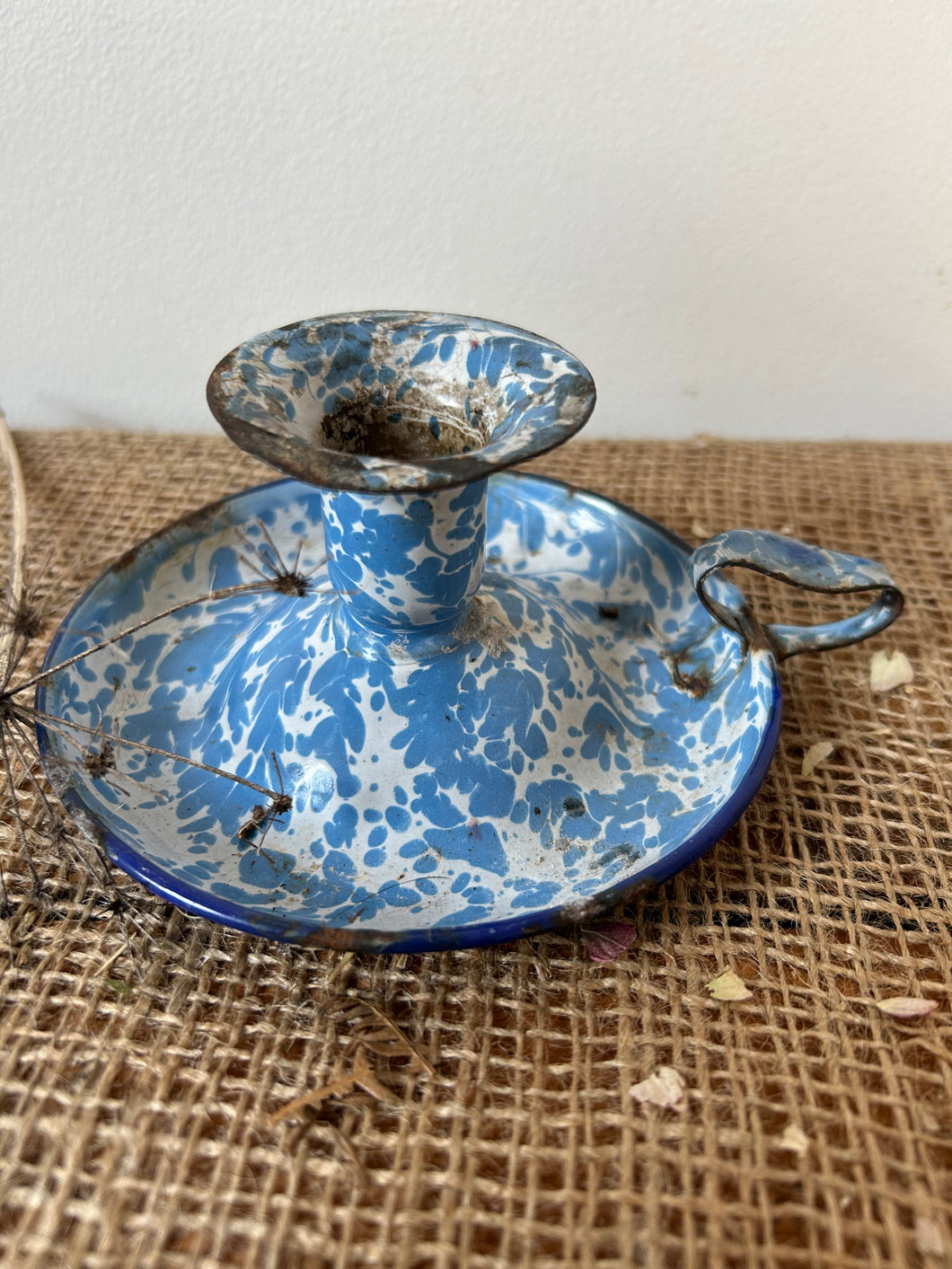 French Blue and White Enamel Candlestick