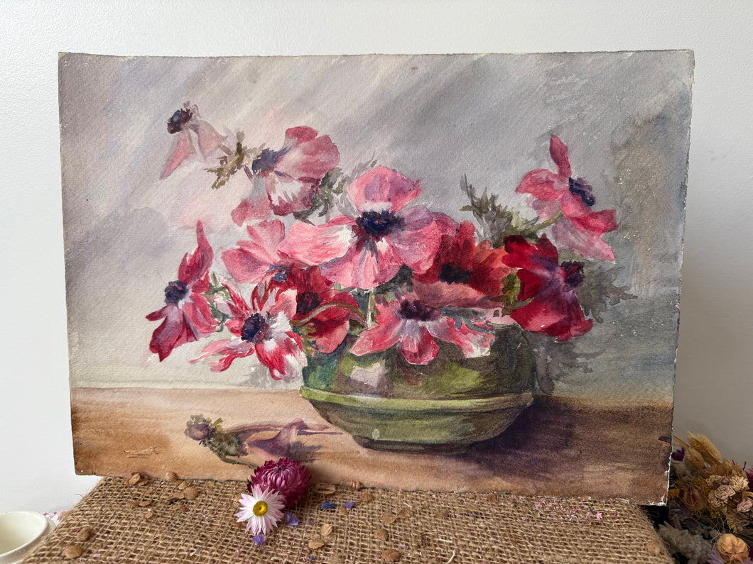 French Vintage Unframed Anemone Watercolour