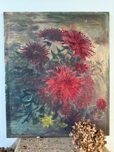 Load image into Gallery viewer, Fabulous Frilly Firey Dahlia Antique Oil on Canvas
