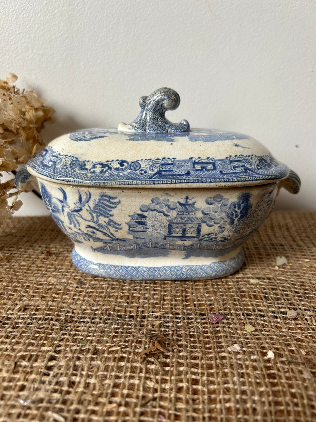 Vintage Buttery Blue and White Lidded Pot