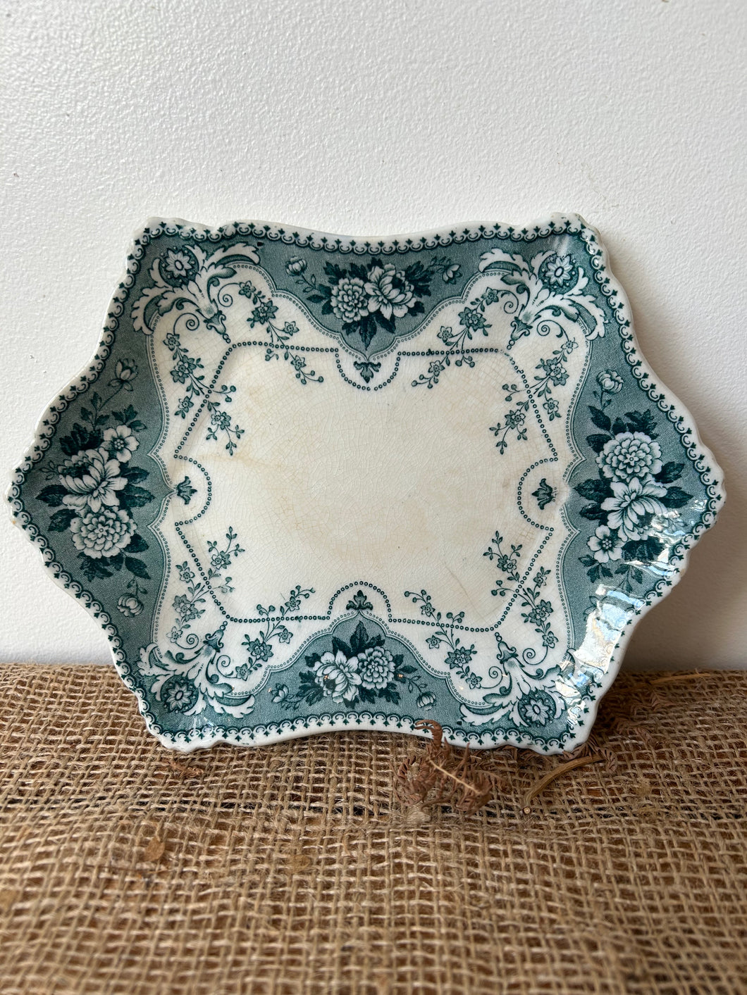 French Vintage Green Transferware Dish