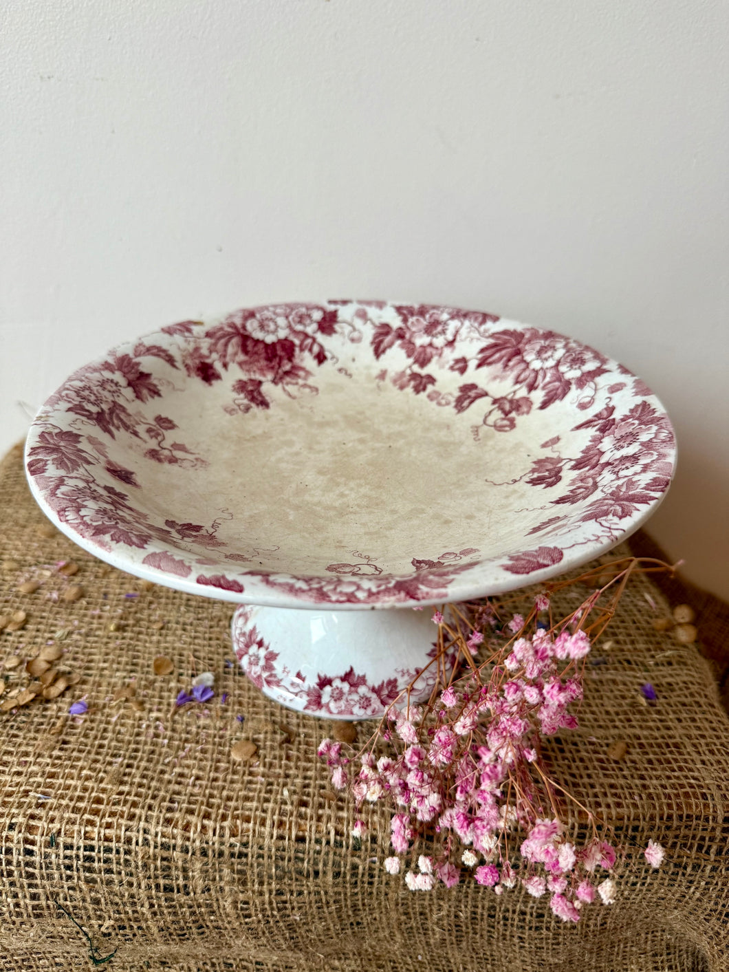 French Vintage Deep Pink Raised Compote