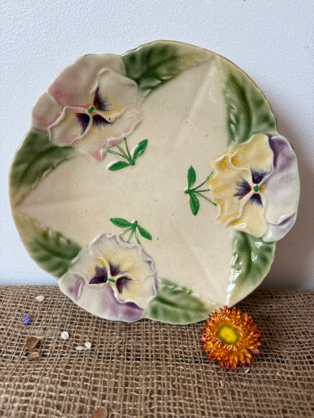 Pretty French Pansy Majolica Plate
