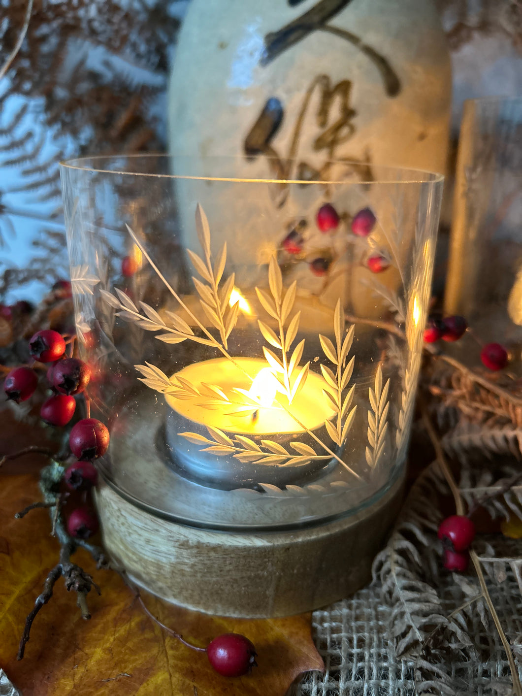 Beautiful Fern Etched Glass Candle Holder
