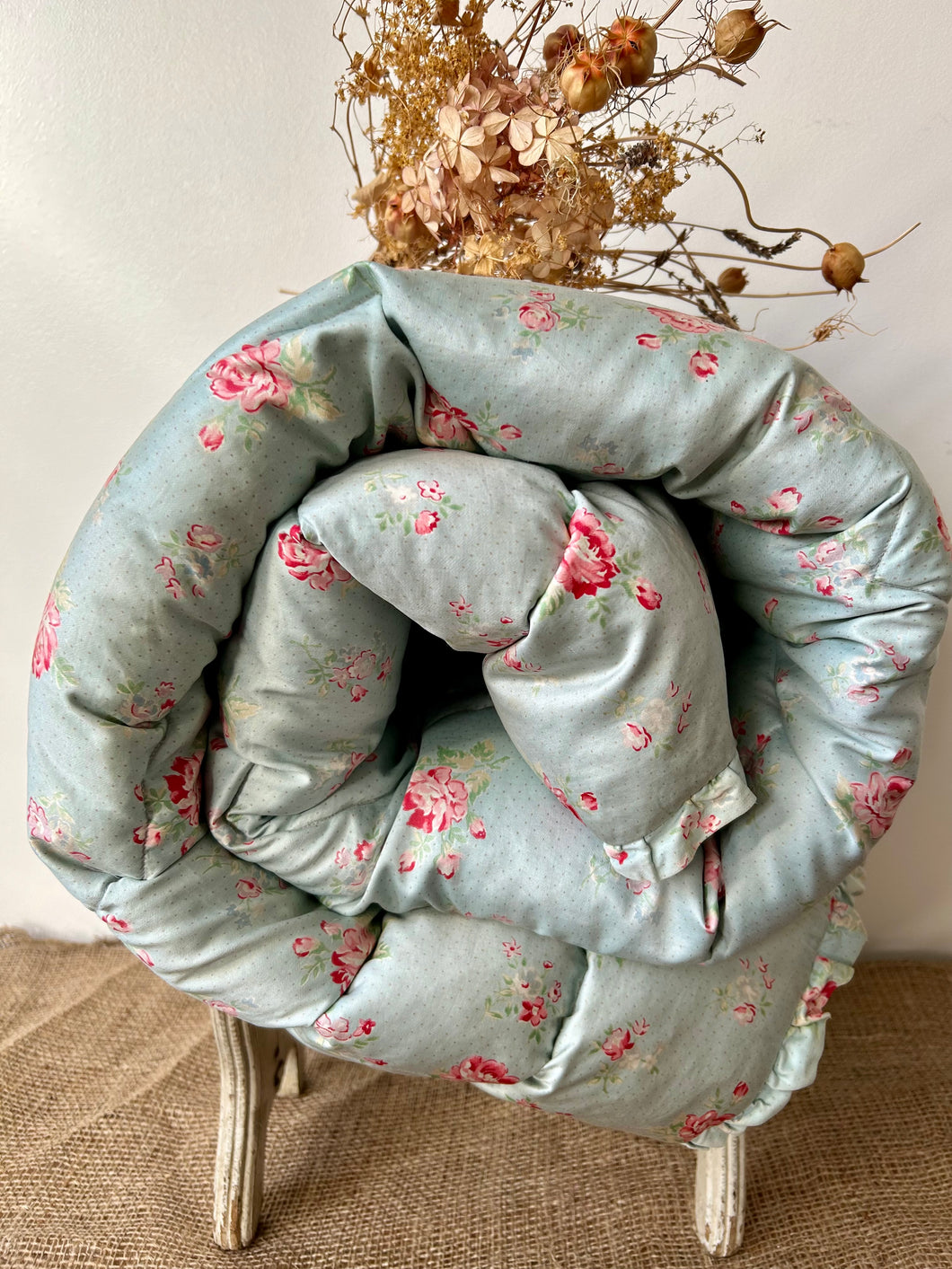 Vintage Duck Egg Blue Eiderdown With Beautiful Pink Florals