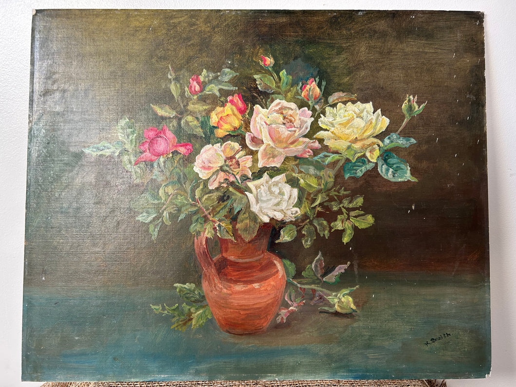 Vintage French Roses Oil on Board