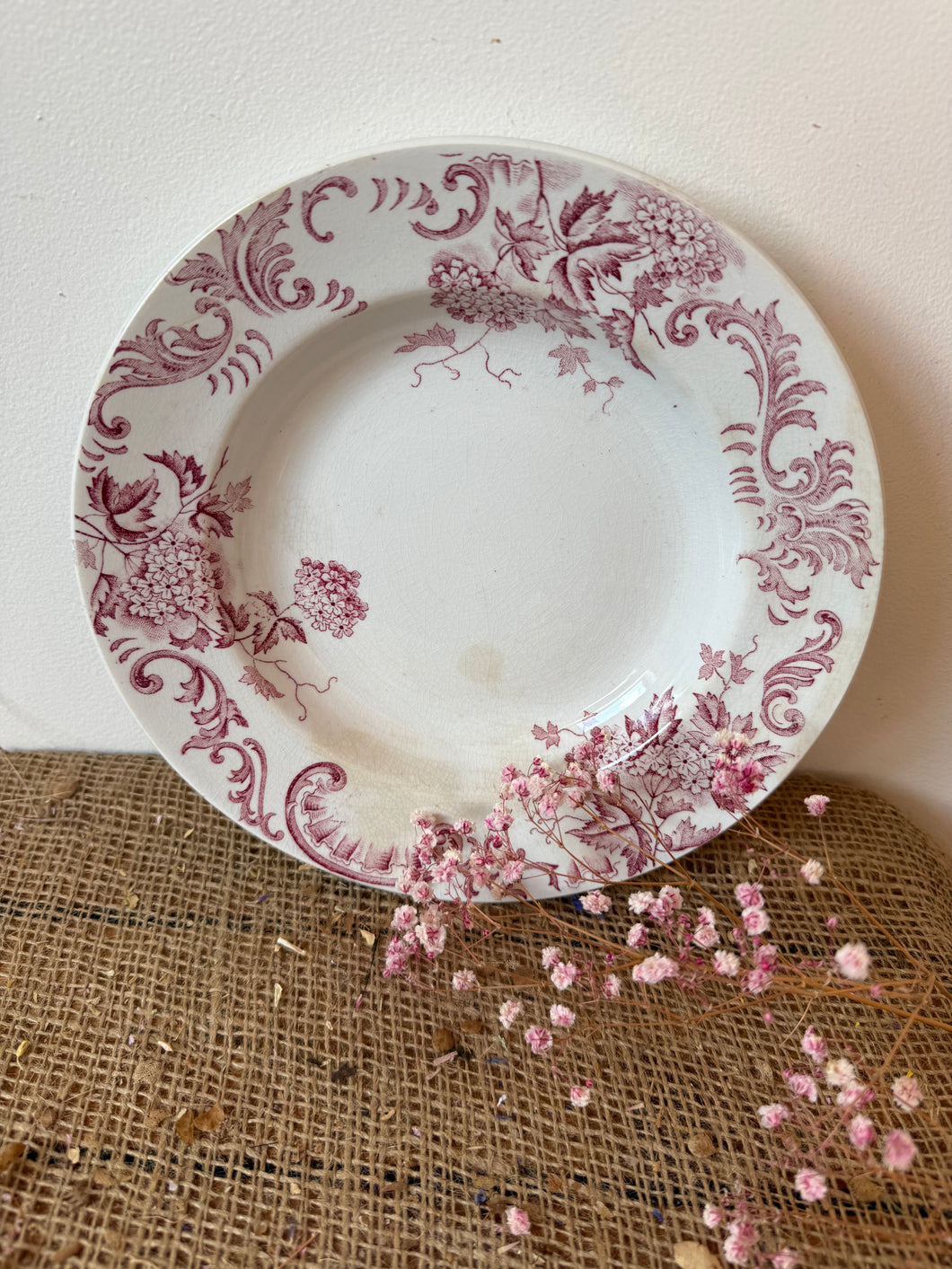 French Pink and White Ironstone Shallow Dish