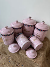 Load image into Gallery viewer, Set Of French Pink Enamel Canisters
