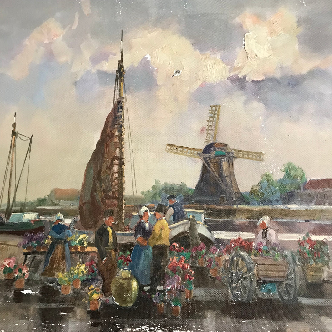Stunning Dutch Flower Sellers Oil on Canvas